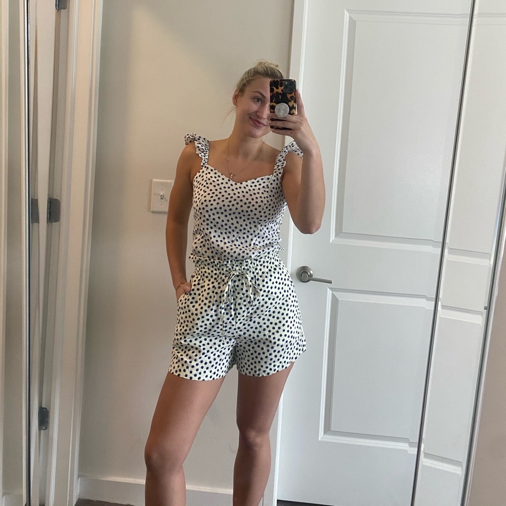 NWT H&M Cream with Blue Polka Dots Ruffle Sleeve Top